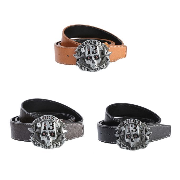 Western Cowboy Style Skull Head Buckle Leather Belt Jeans Decor Black