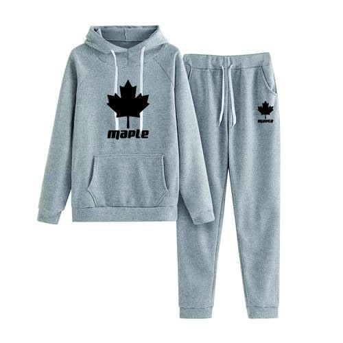 Casual Hoodie And Joggers With Maple Prints - Grey