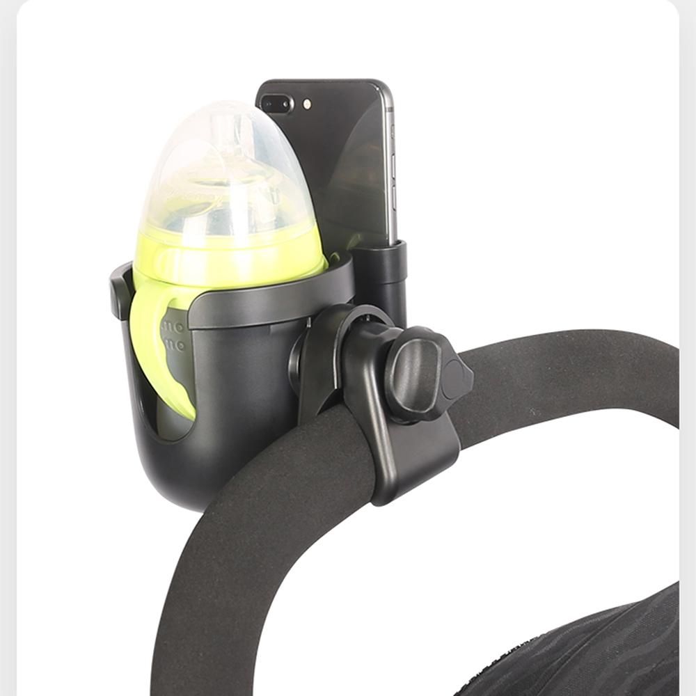 Stroller Cup Holder 2 in 1 Phone & Bottle Holder with Anti-slip Pad Universal Cup Holder Rack for Buggy with Adjustable Clamp