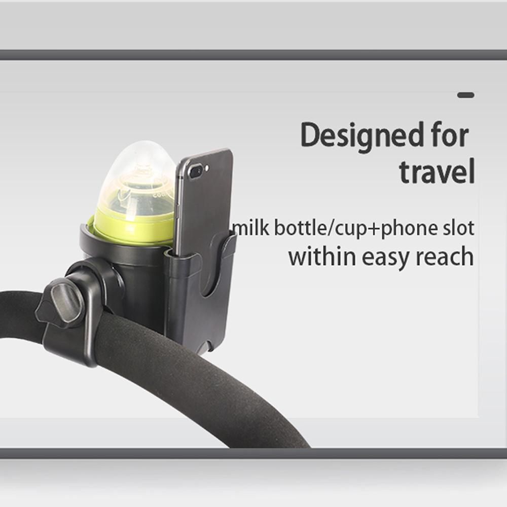 Stroller Cup Holder 2 in 1 Phone & Bottle Holder with Anti-slip Pad Universal Cup Holder Rack for Buggy with Adjustable Clamp