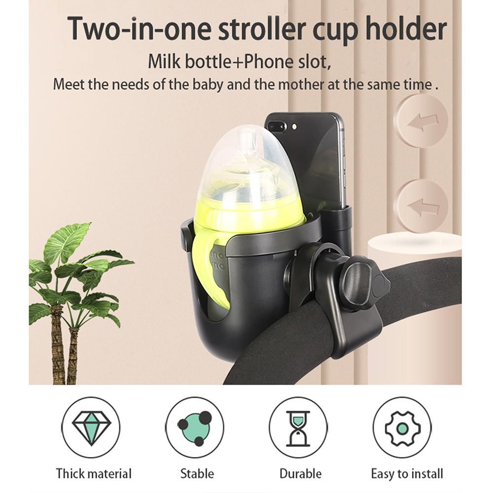 Stroller Cup Holder 2 in 1 Phone & Bottle Holder with Anti-slip Pad Universal Cup Holder Rack for Buggy with Adjustable Clamp