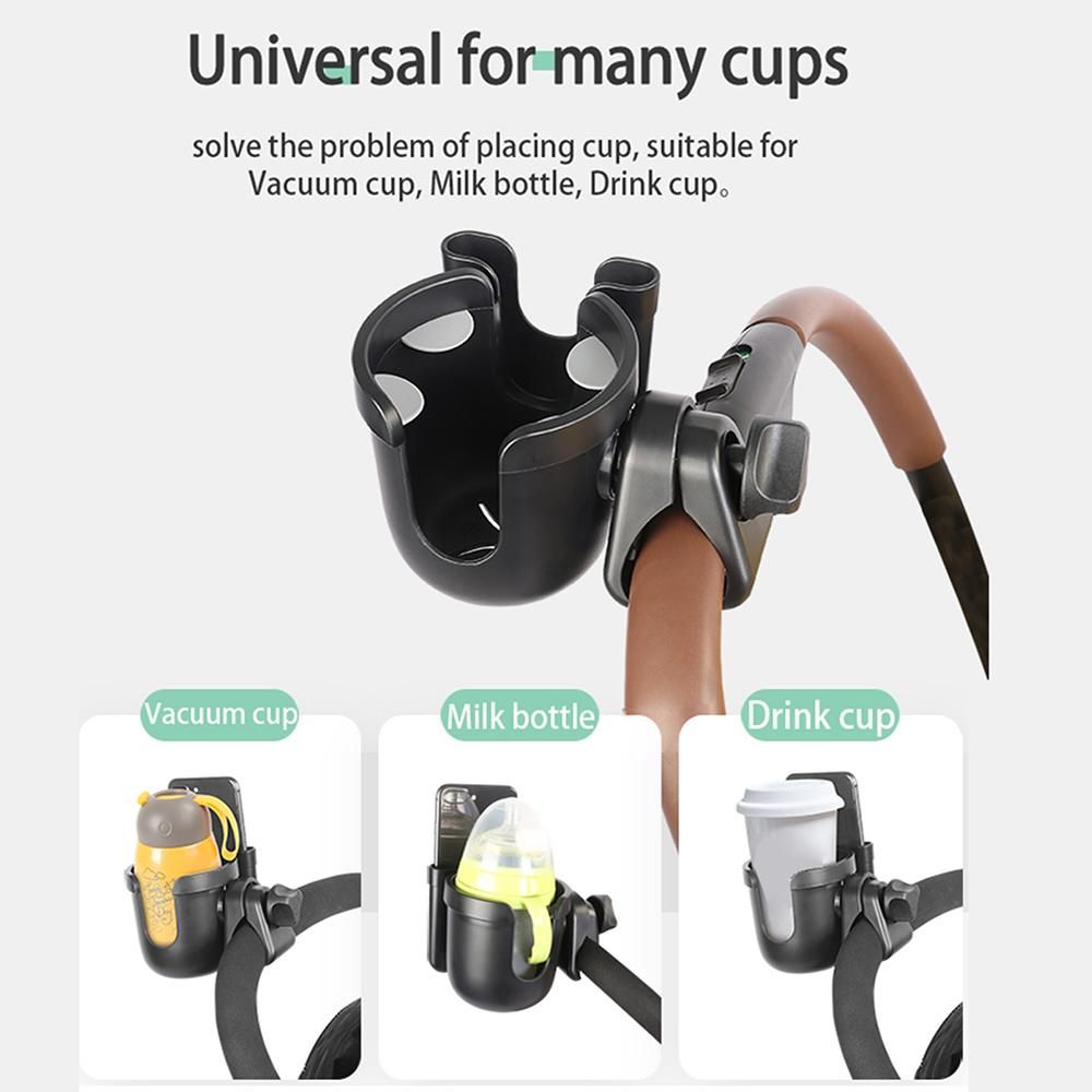 Stroller Cup Holder 2 in 1 Phone & Bottle Holder with Anti-slip Pad Universal Cup Holder Rack for Buggy with Adjustable Clamp
