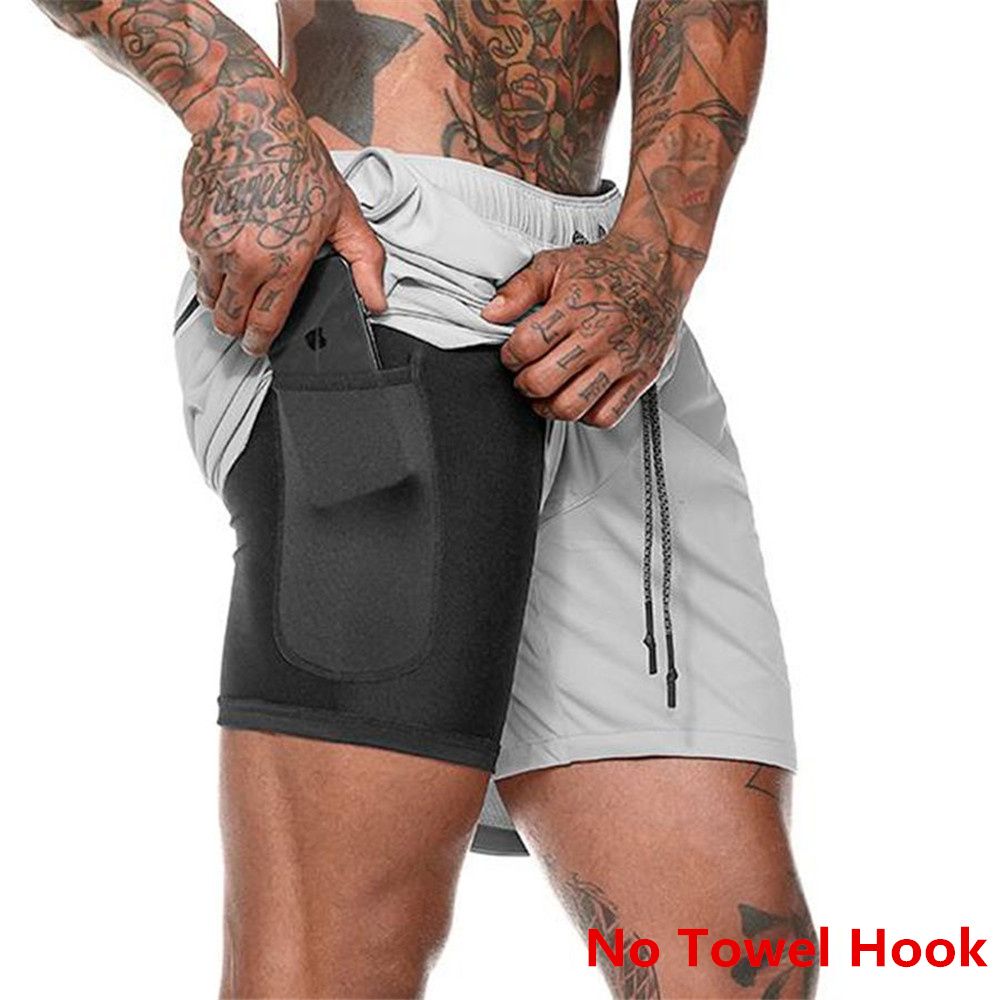 2 In 1 Shorts Men Running Sports Short Pants Double Layer Built-in Pocket  Quick Dry Training Bermuda Gym Fitness Clothing-Light Gray