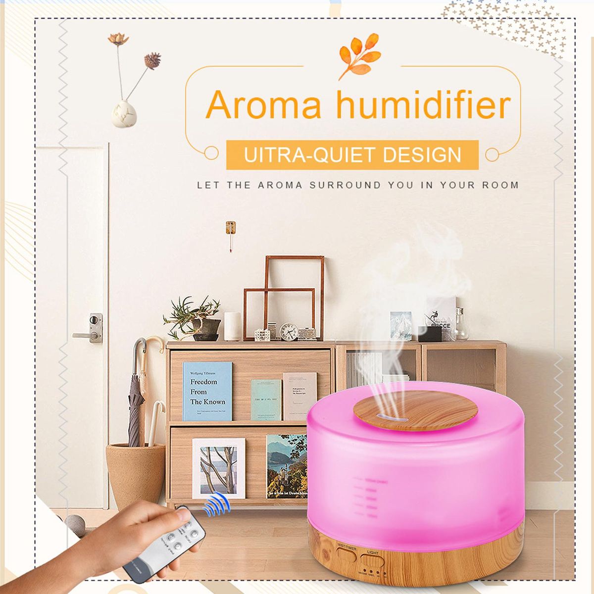 500ml U-ltrasonic Acoustic Air Humidifier Aroma Diffuser Mist Maker with Controller 7 Colorful Lights Changing/ Static Color Design 2 Levels T-imer T-ime Setting Double S-pray Modes for Yoga Office Home Bedroom Living Room Sp