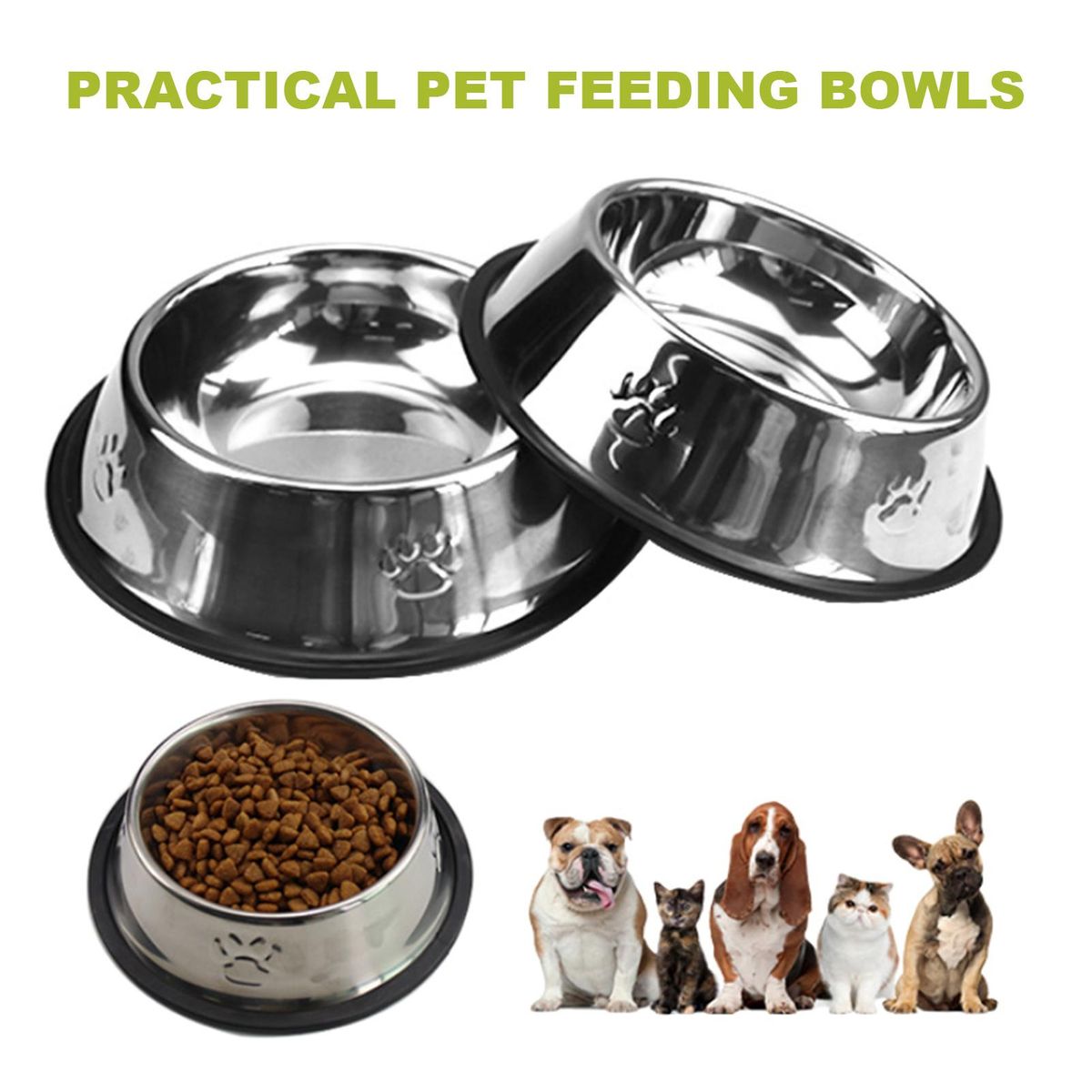 1Pc Practical Pet Feeding Bowls Dog & Cats Universal Non-Skid Stainless Steel Food Bowls