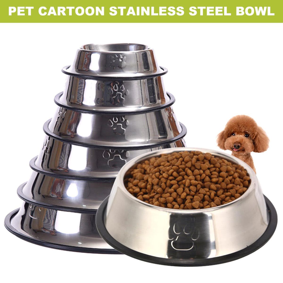 1Pc Practical Pet Feeding Bowls Dog & Cats Universal Non-Skid Stainless Steel Food Bowls
