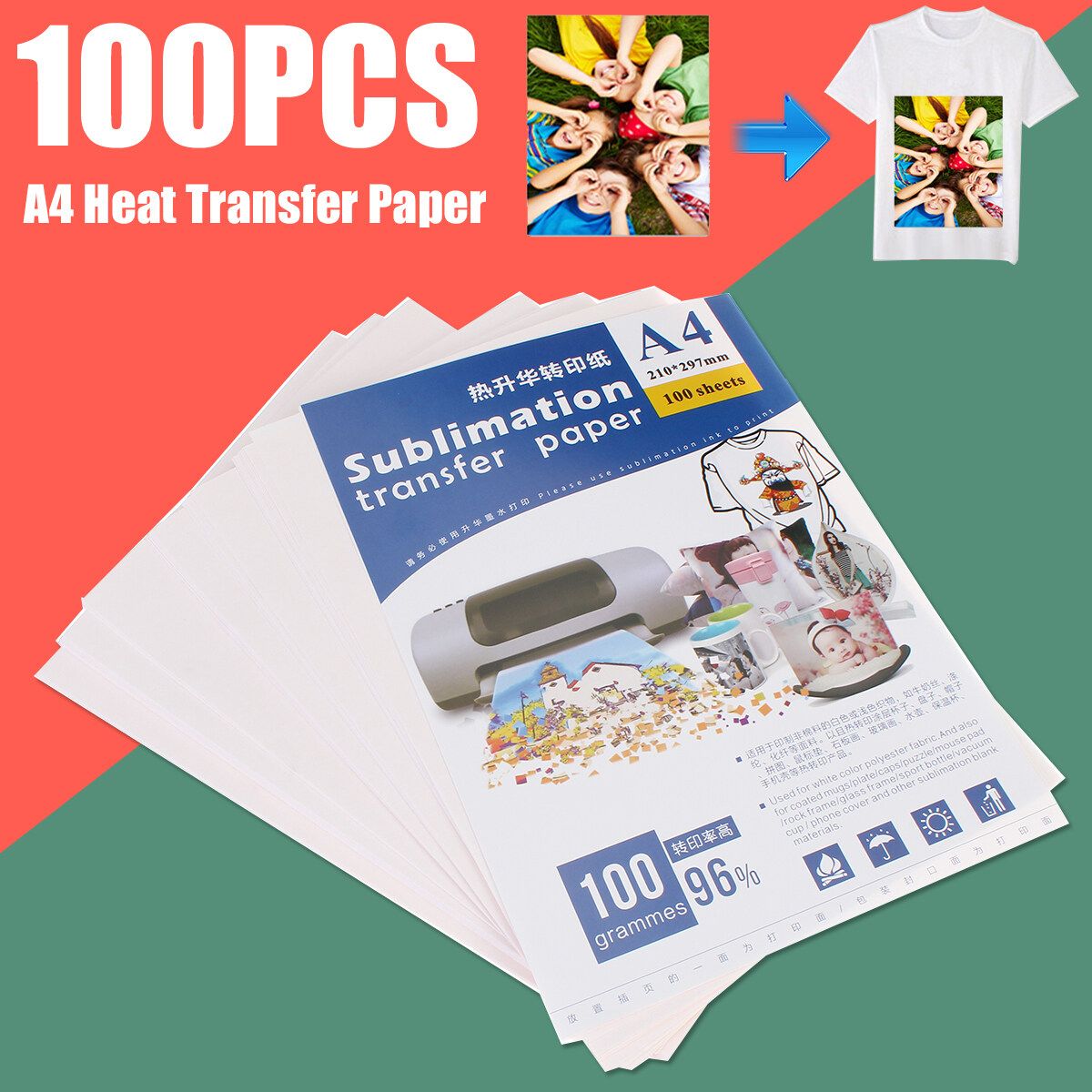100PCS A4 Heat Press Transfer Paper For Light Fabric Iron-On DIY Cloth T-Shirt