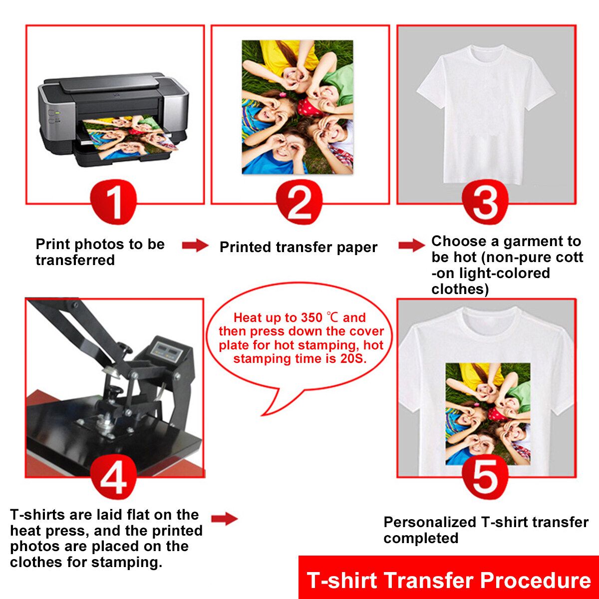 100PCS A4 Heat Press Transfer Paper For Light Fabric Iron-On DIY Cloth T-Shirt