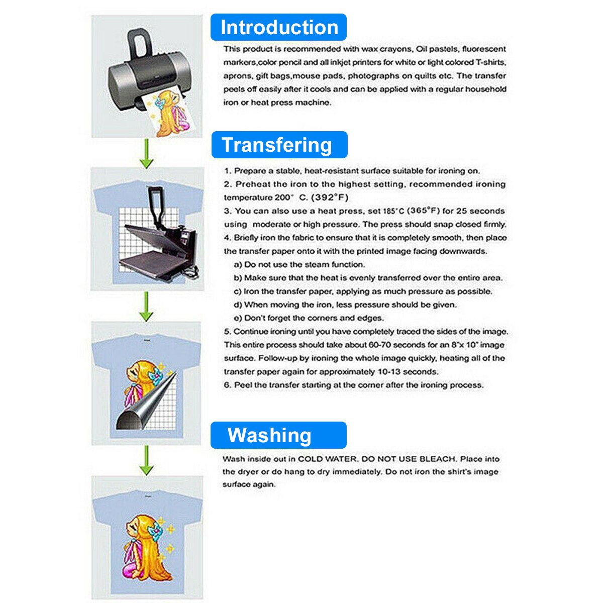 100PCS A4 Heat Press Transfer Paper For Light Fabric Iron-On DIY Cloth T-Shirt