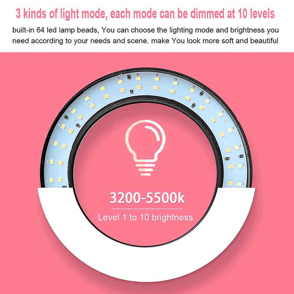 USB Dimmable LEDs Selfie Ringlight with Table Tripod Stand 10 Brightness Levels Adjustable & 3 Lighting Colors Fill Light for Blogging Live-streaming Makeup Video Photography