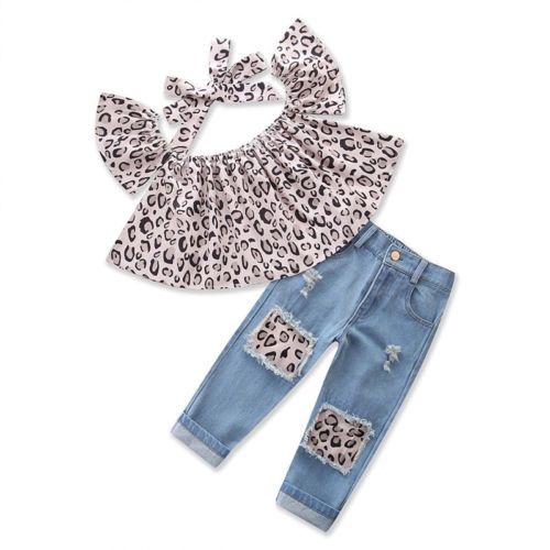 Girls Leopard Print Tube Top + Denim Trousers + Hair Band Set, Kid Size:120cm(Leopard)