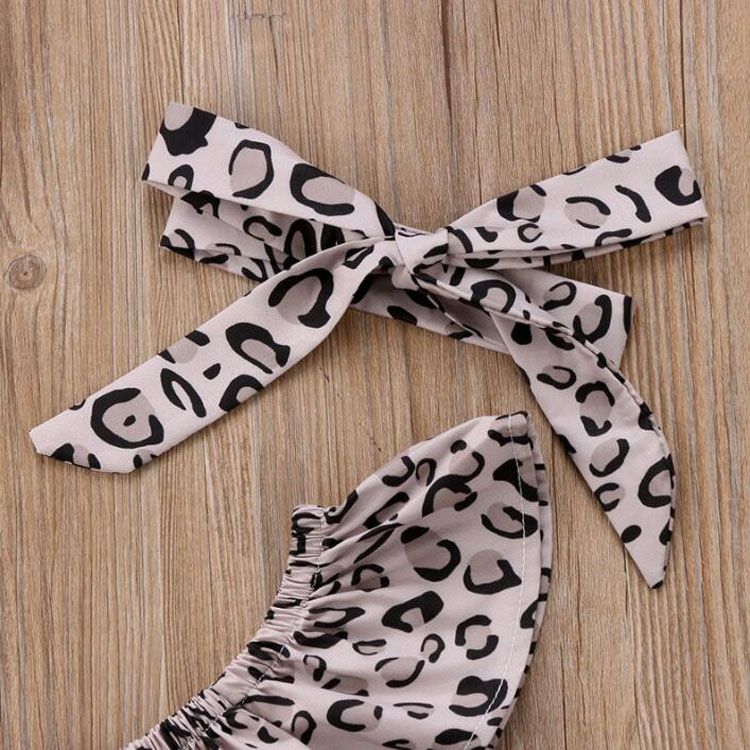 Girls Leopard Print Tube Top + Denim Trousers + Hair Band Set, Kid Size:120cm(Leopard)