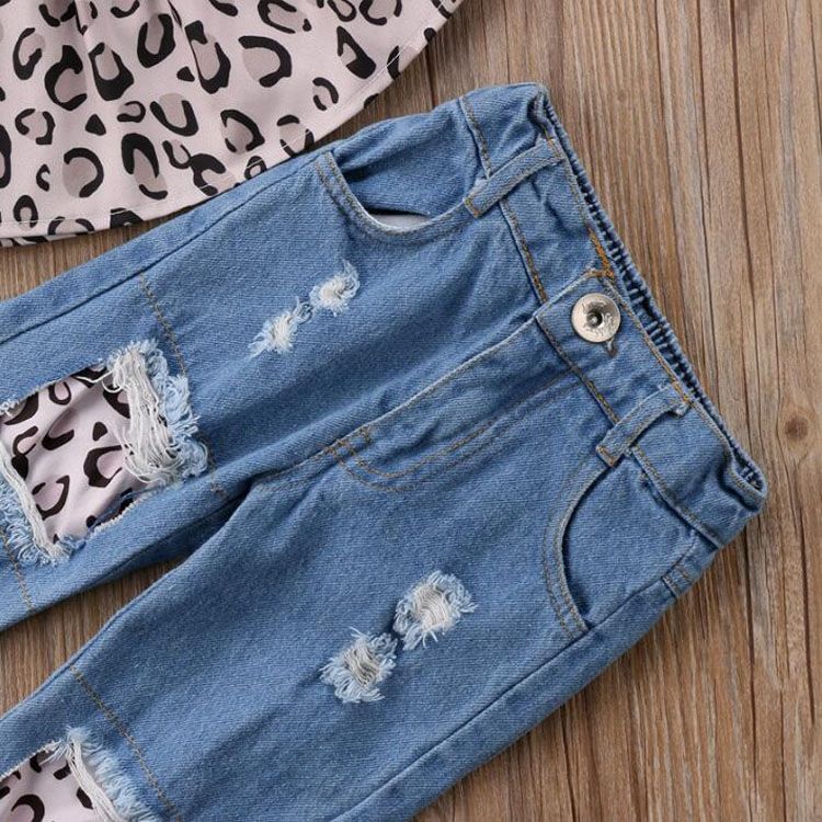 Girls Leopard Print Tube Top + Denim Trousers + Hair Band Set, Kid Size:120cm(Leopard)