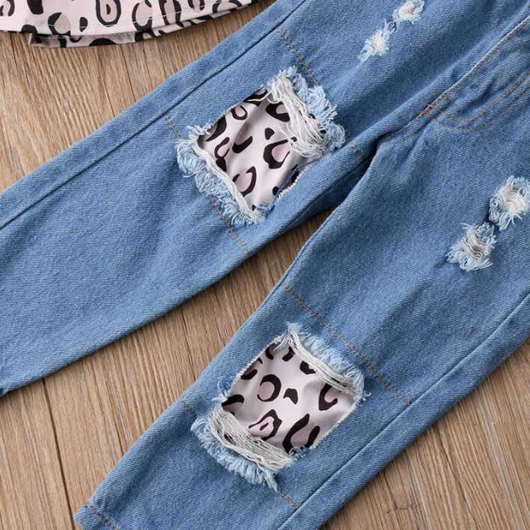 Girls Leopard Print Tube Top + Denim Trousers + Hair Band Set, Kid Size:120cm(Leopard)