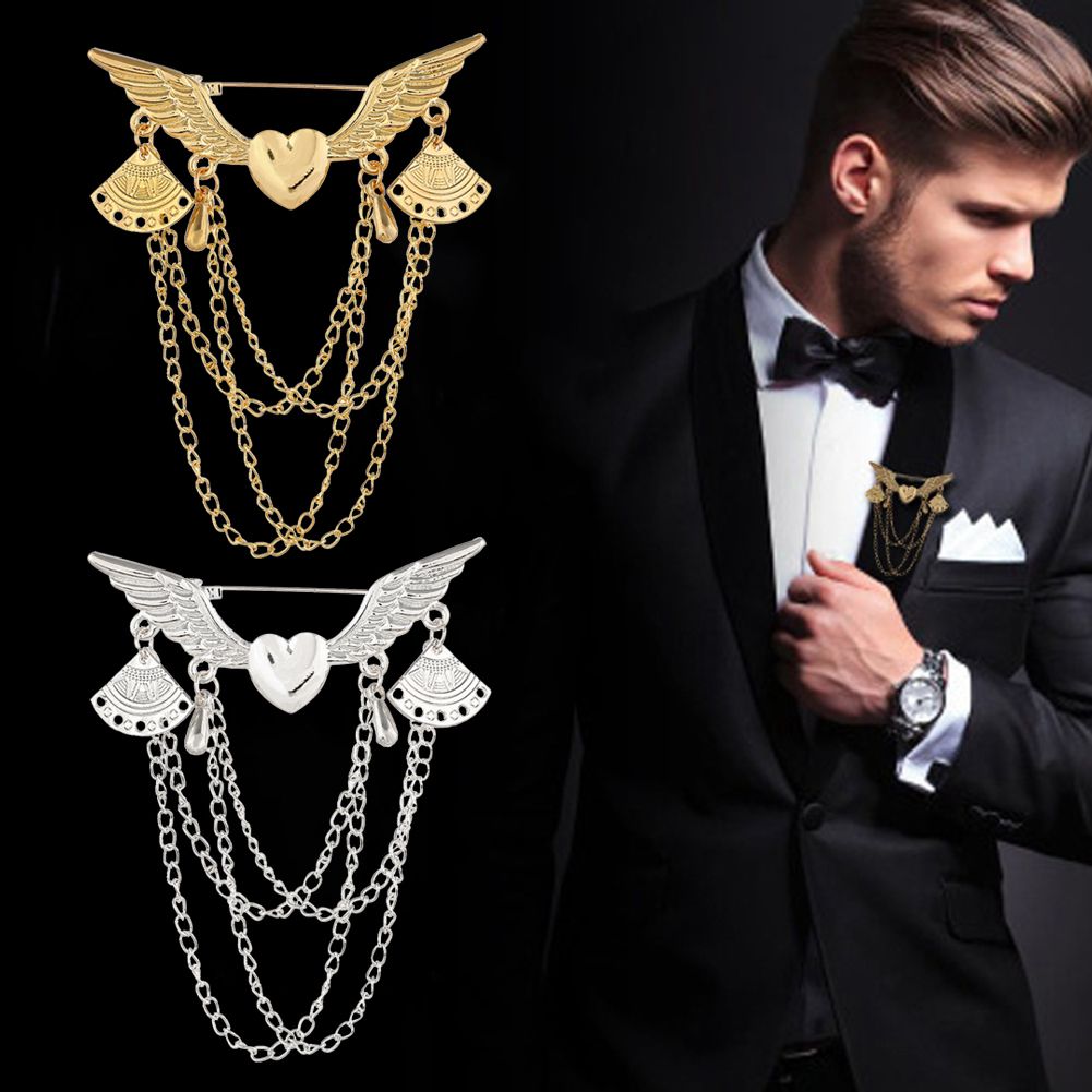 Retro Angel Wing Heart Shirt Suit Collar Tip Lapel Brooch Pin With Chain Tassel-Golden
