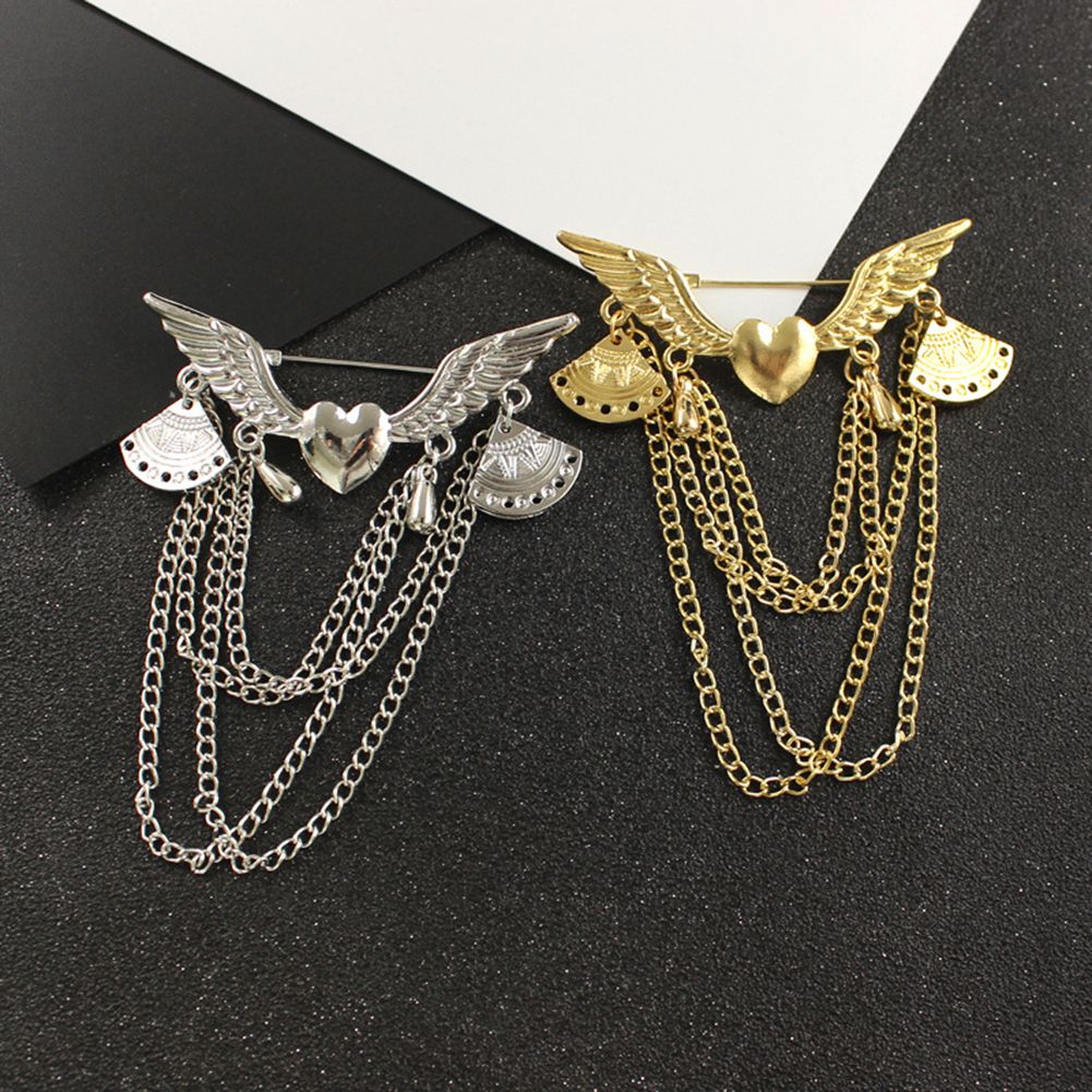 Retro Angel Wing Heart Shirt Suit Collar Tip Lapel Brooch Pin With Chain Tassel-Golden