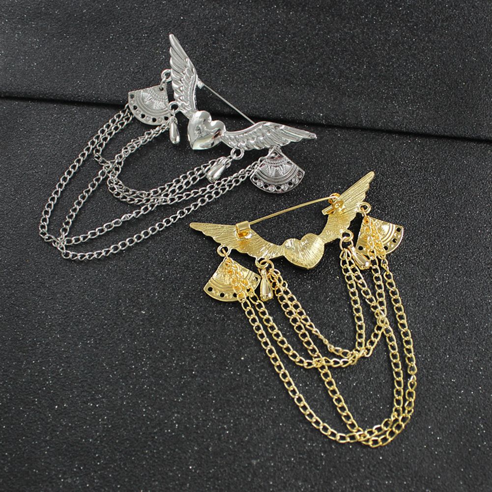 Retro Angel Wing Heart Shirt Suit Collar Tip Lapel Brooch Pin With Chain Tassel-Golden