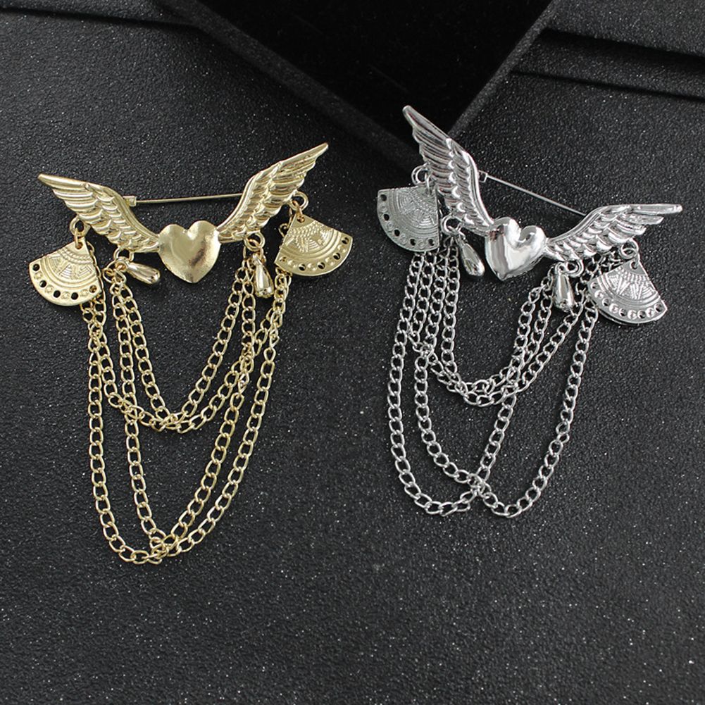 Retro Angel Wing Heart Shirt Suit Collar Tip Lapel Brooch Pin With Chain Tassel-Golden