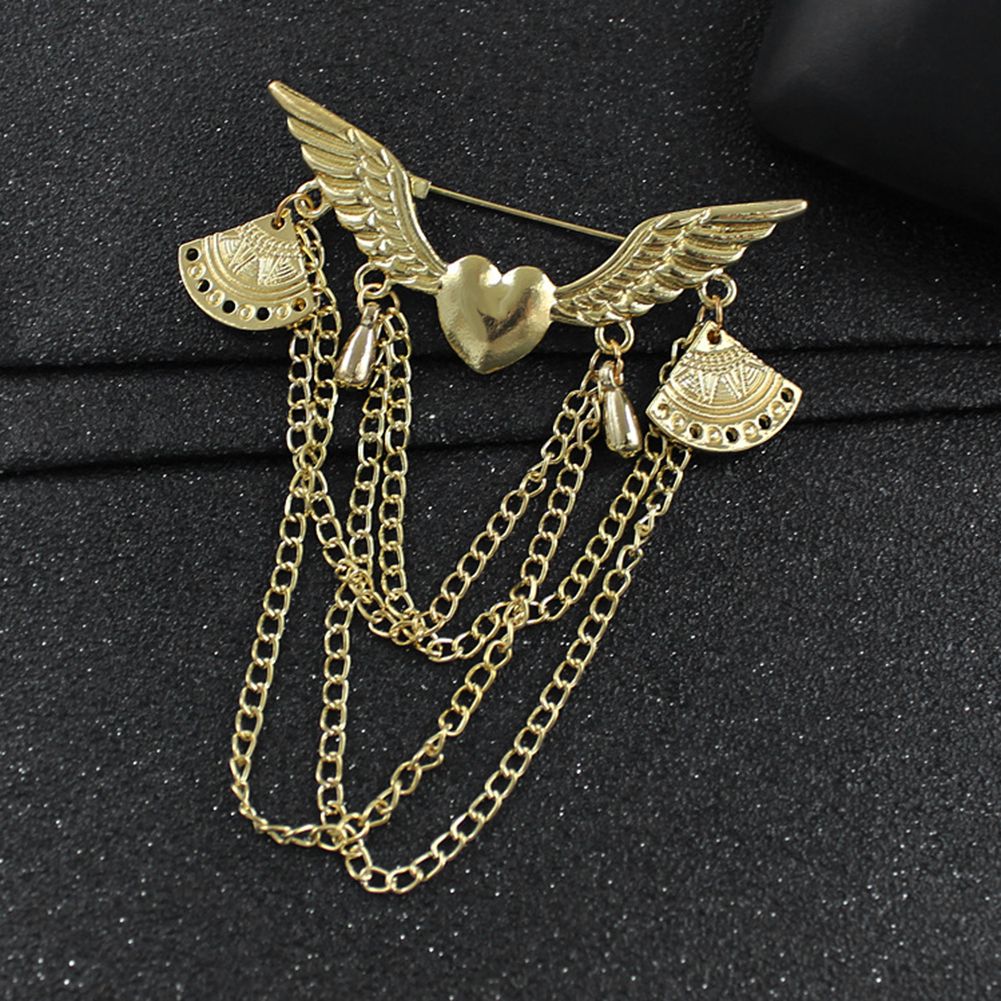 Retro Angel Wing Heart Shirt Suit Collar Tip Lapel Brooch Pin With Chain Tassel-Golden