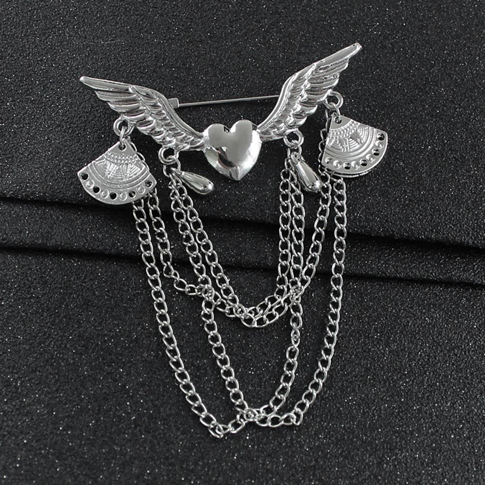Retro Angel Wing Heart Shirt Suit Collar Tip Lapel Brooch Pin With Chain Tassel-Golden