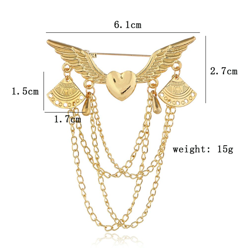Retro Angel Wing Heart Shirt Suit Collar Tip Lapel Brooch Pin With Chain Tassel-Golden