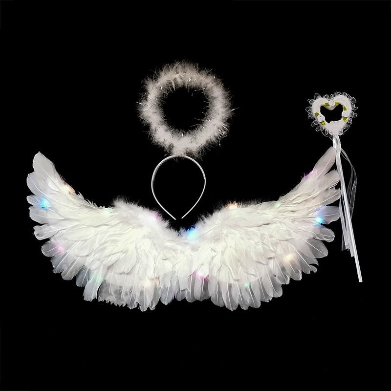 1pc LED Lights White Black An Feather Wings Halloween Decoration Women Child Girl Cosplay Props Dance Show Halloween Birthday 65x35cm (suit)