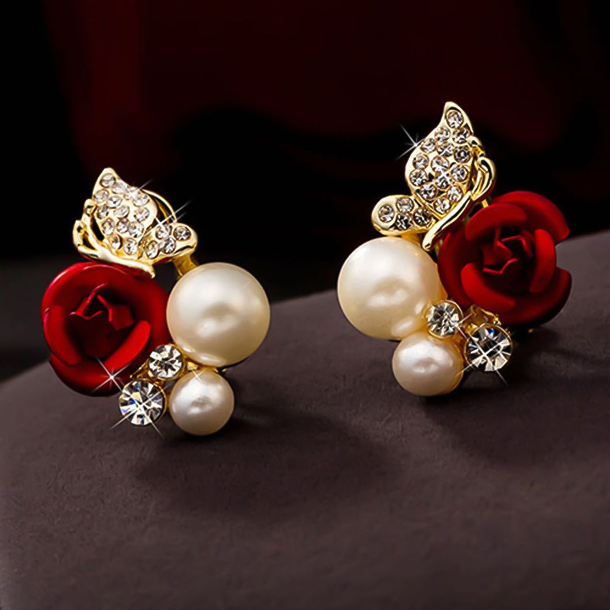 Earrings Red Rose Flower Faux Pearl Decor Exquisite Alloy-