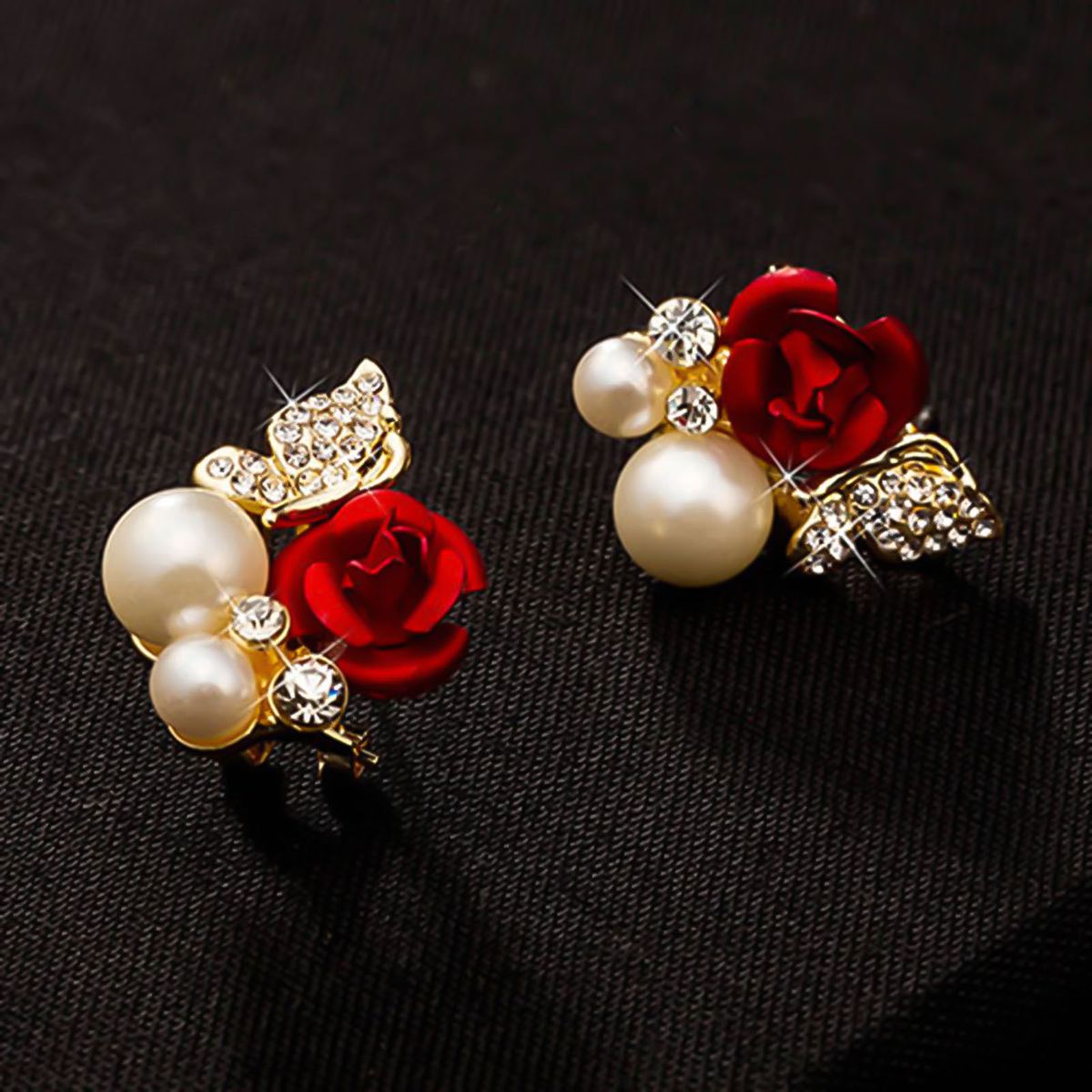 Earrings Red Rose Flower Faux Pearl Decor Exquisite Alloy-