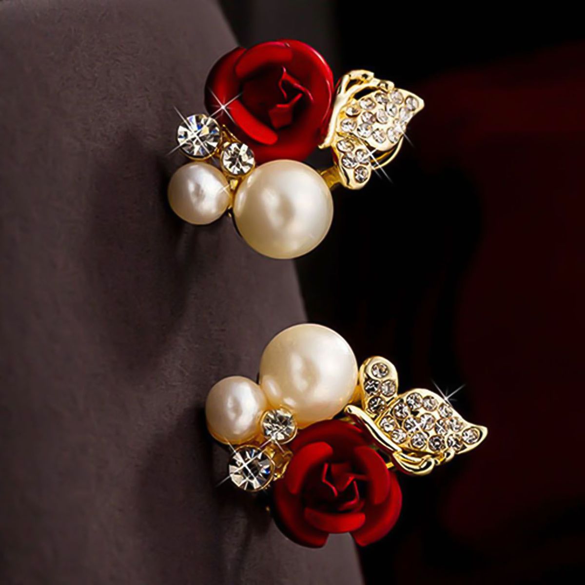 Earrings Red Rose Flower Faux Pearl Decor Exquisite Alloy-