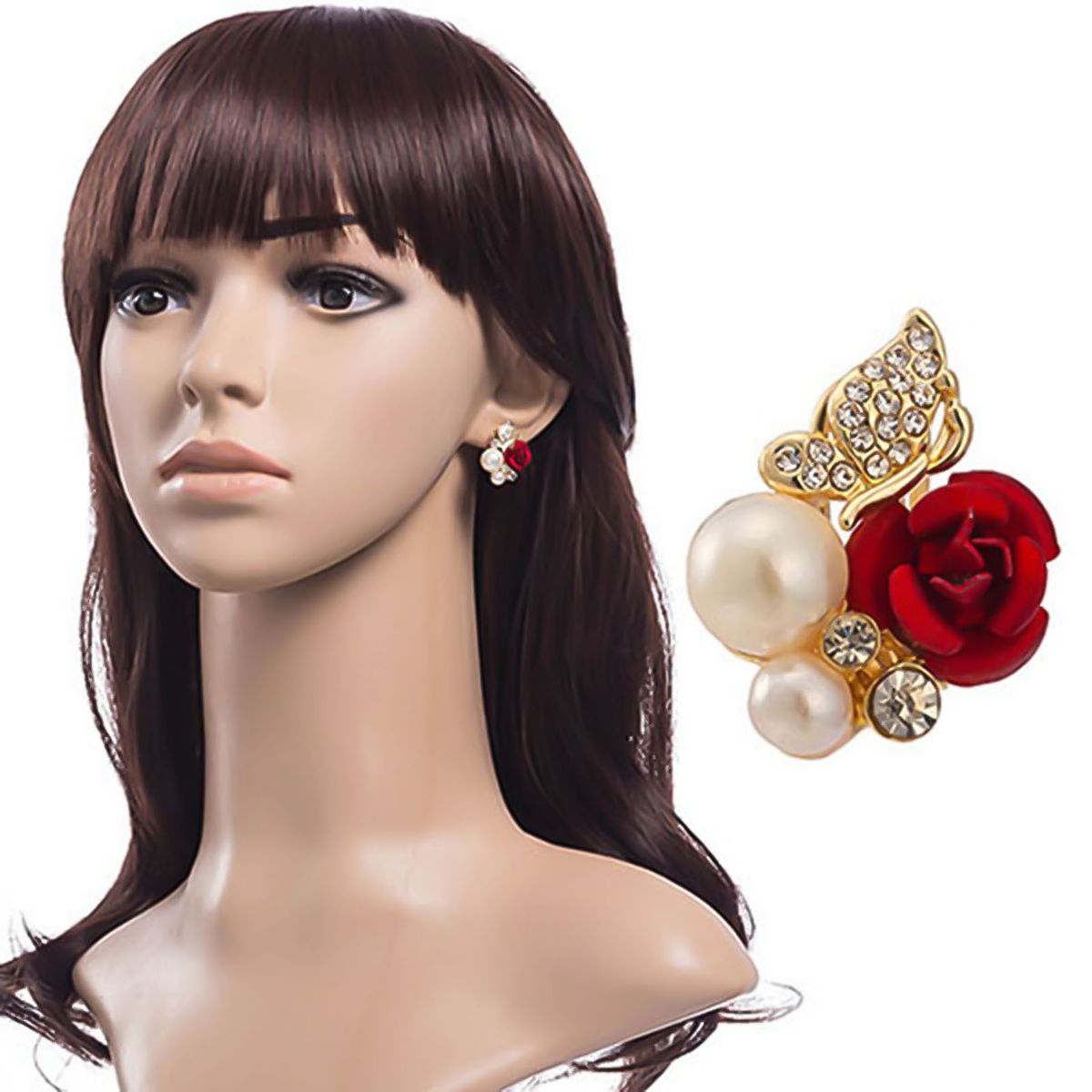 Earrings Red Rose Flower Faux Pearl Decor Exquisite Alloy-