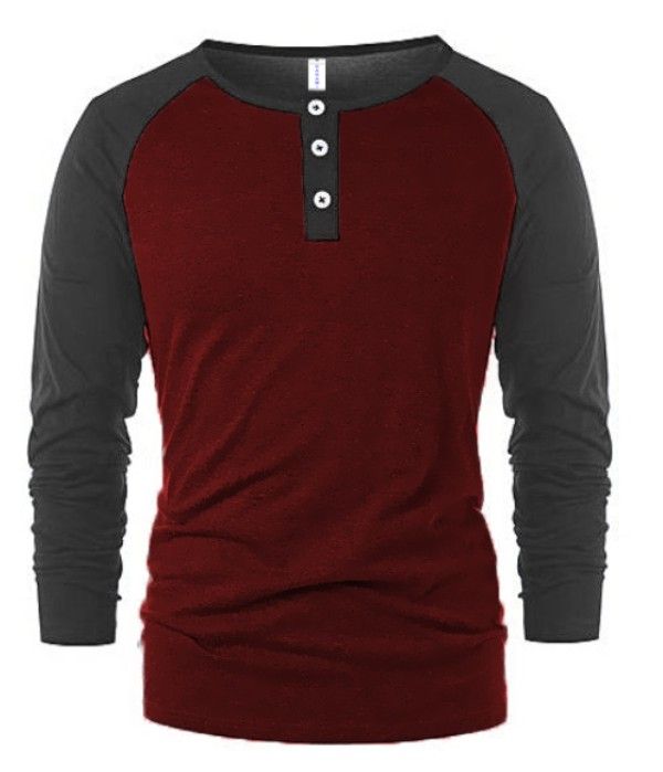 Long Sleeve Contrast T-Shirt With Button - Wine & Dark Grey