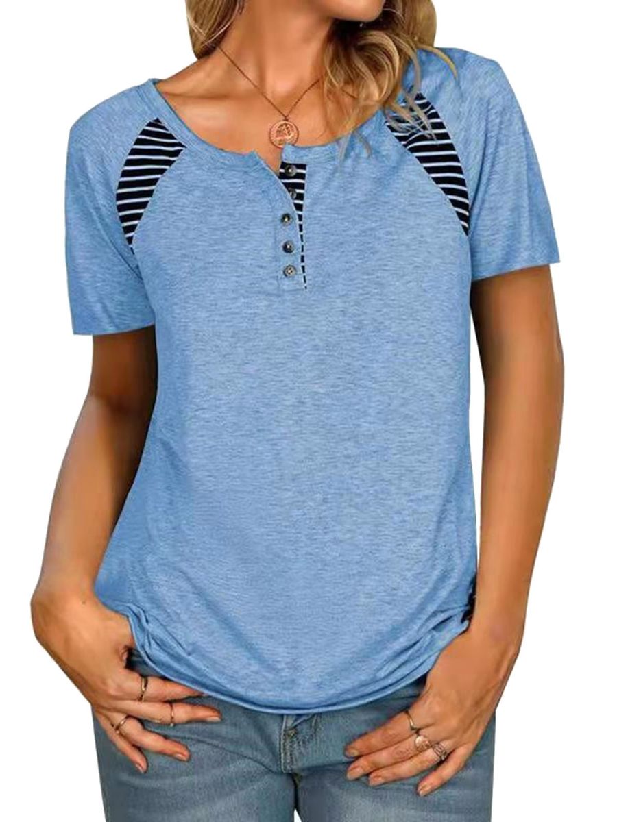 Women Short Sleeve T-shirt O Neck Striped Print Casual Tees