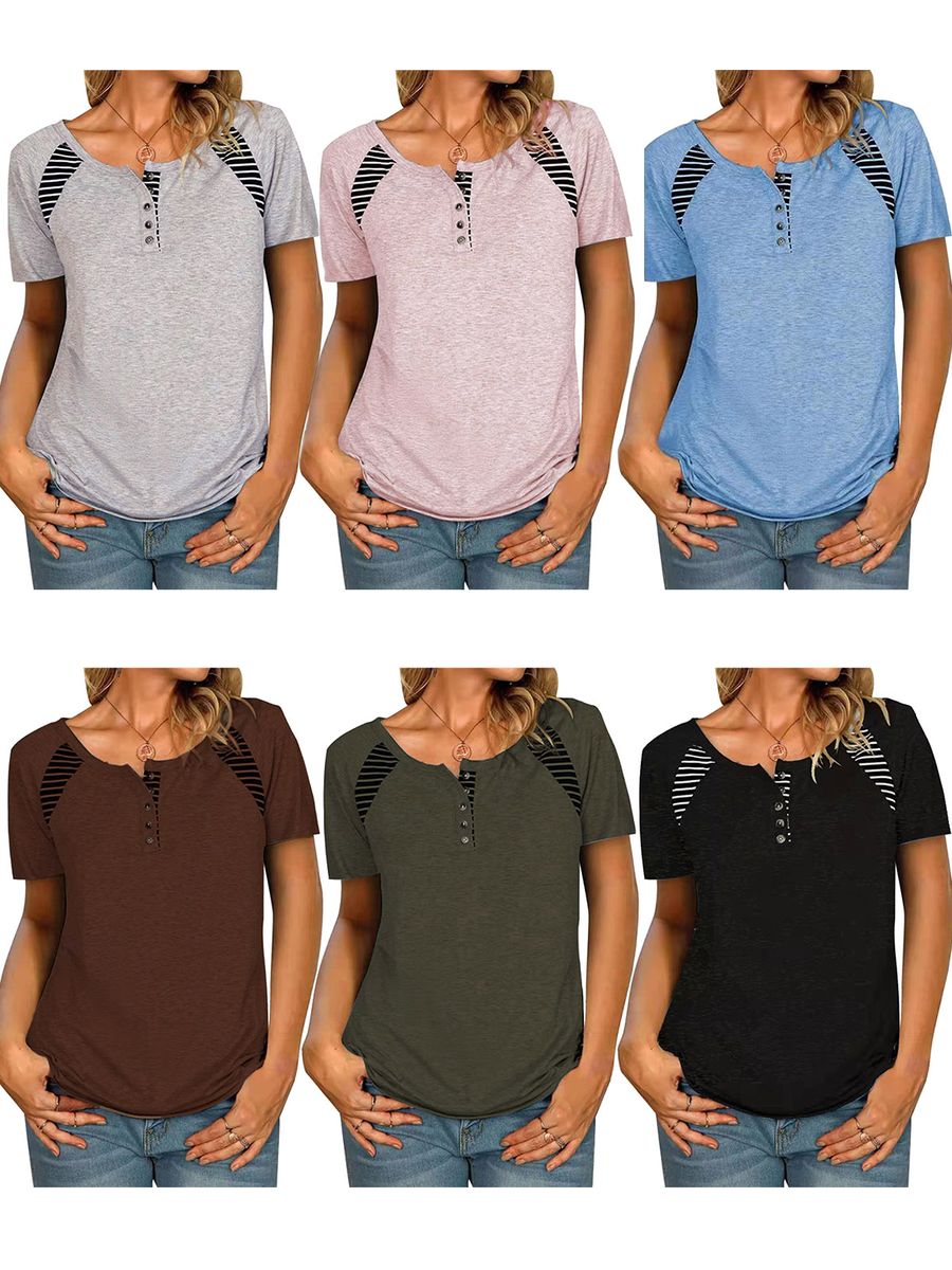 Women Short Sleeve T-shirt O Neck Striped Print Casual Tees