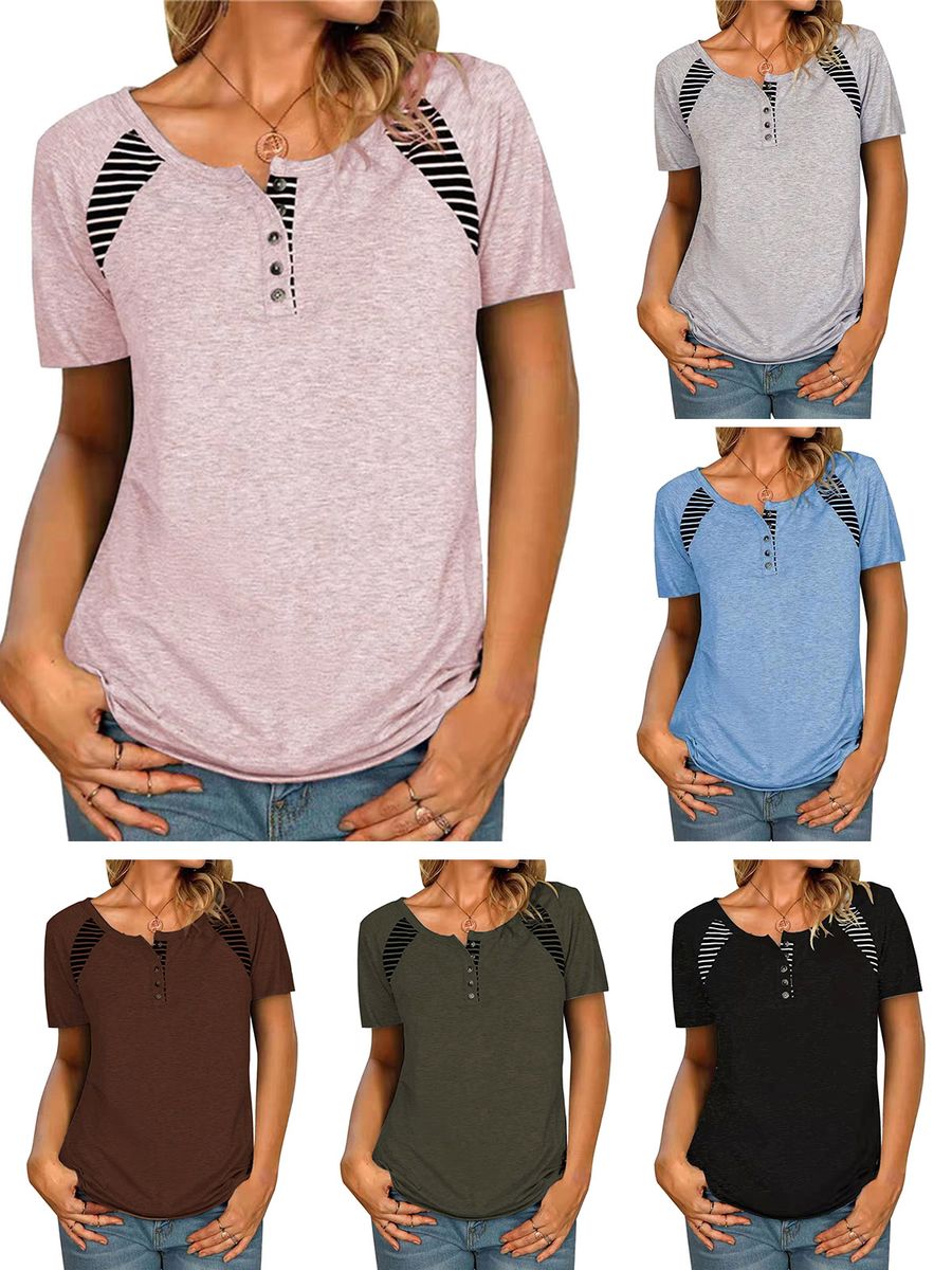Women Short Sleeve T-shirt O Neck Striped Print Casual Tees