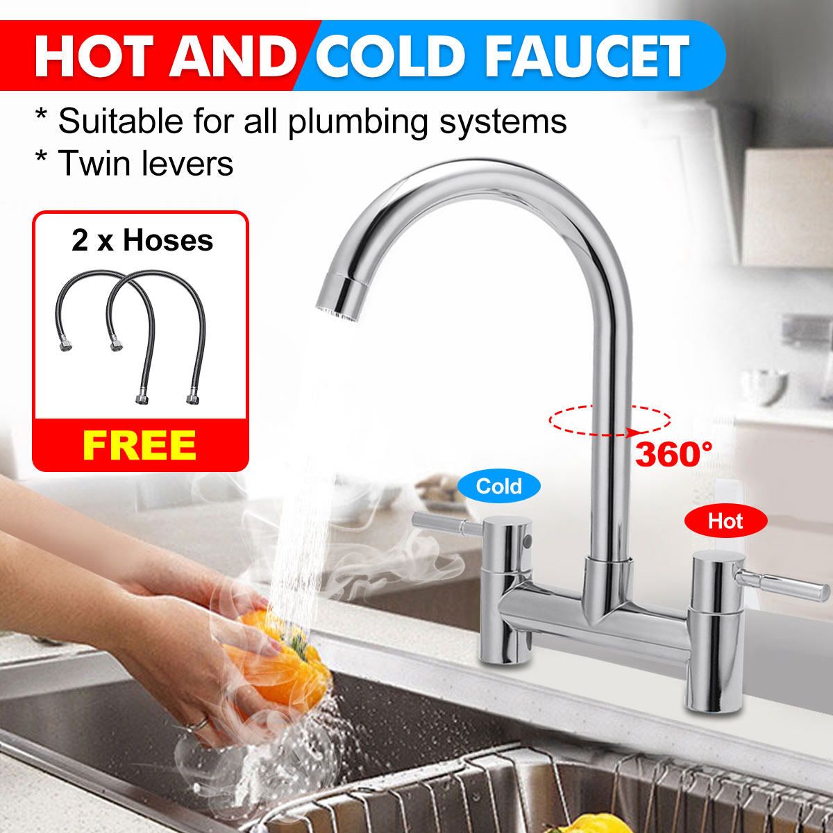 (Hot & Cold) 360° Modern Kitchen Sink Mixer Tap Faucet Tap Chrome Monobloc Basin Twin Lever Taps Swivel For Home Kitchen Bar Sink Bathtub