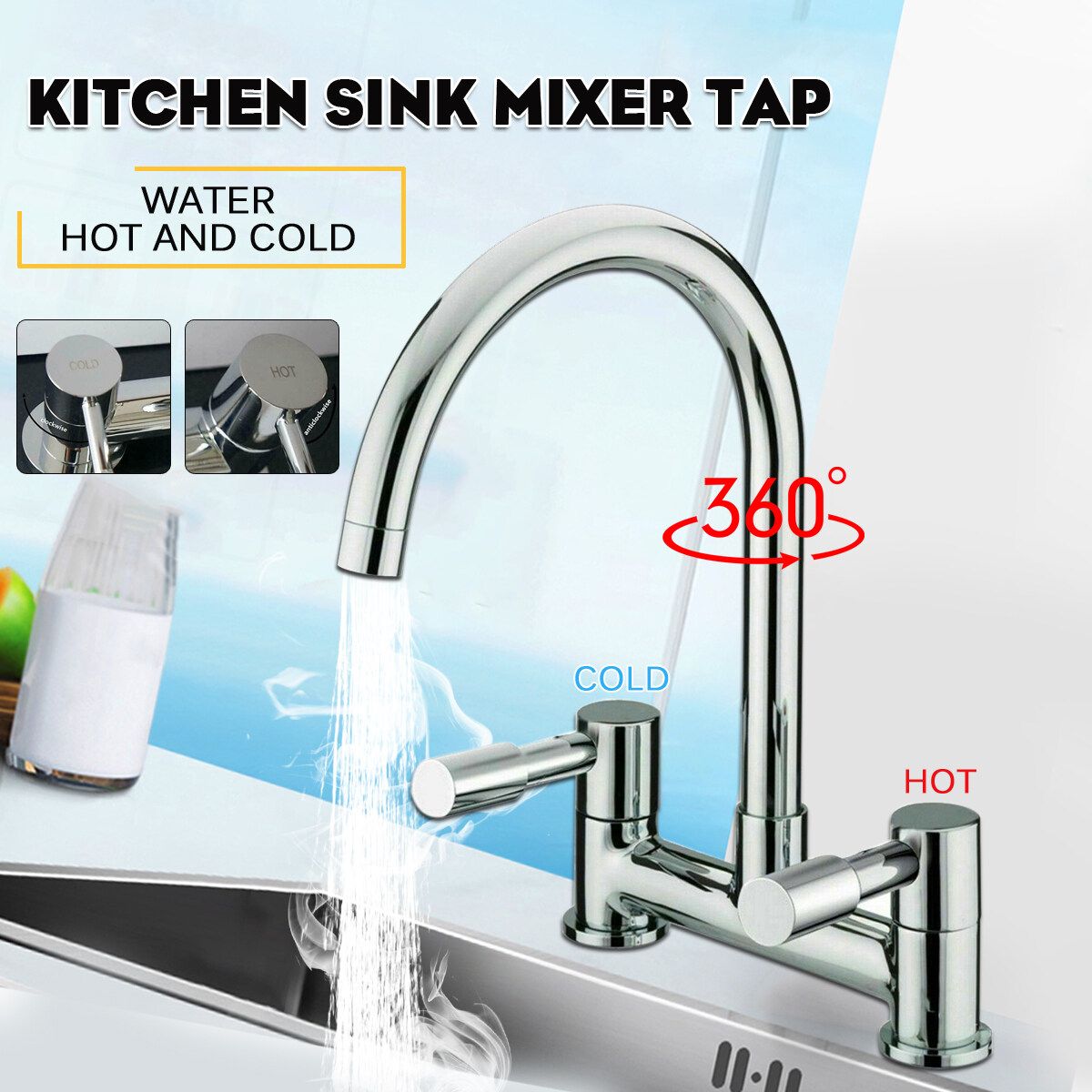 (Hot & Cold) 360° Modern Kitchen Sink Mixer Tap Faucet Tap Chrome Monobloc Basin Twin Lever Taps Swivel For Home Kitchen Bar Sink Bathtub