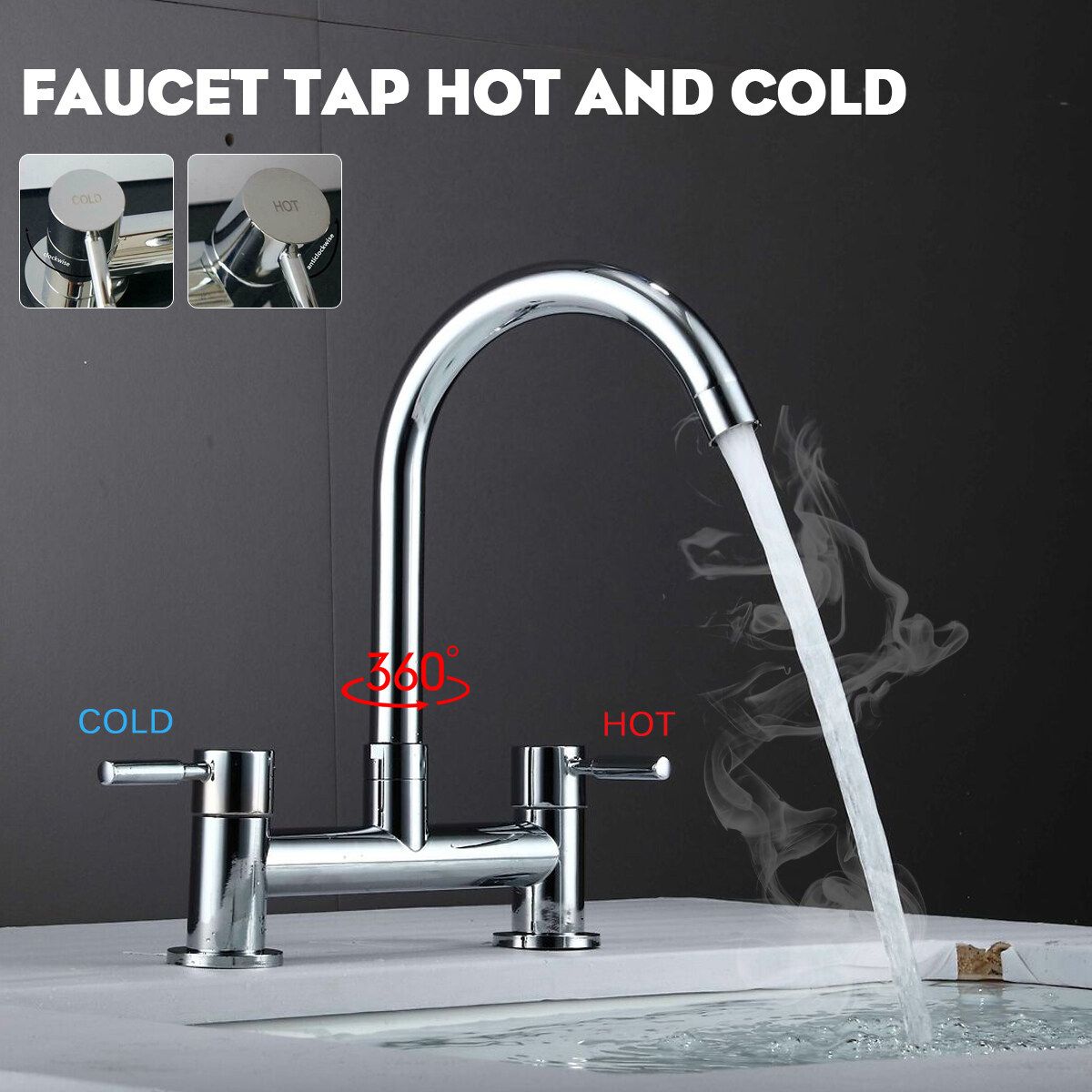 (Hot & Cold) 360° Modern Kitchen Sink Mixer Tap Faucet Tap Chrome Monobloc Basin Twin Lever Taps Swivel For Home Kitchen Bar Sink Bathtub