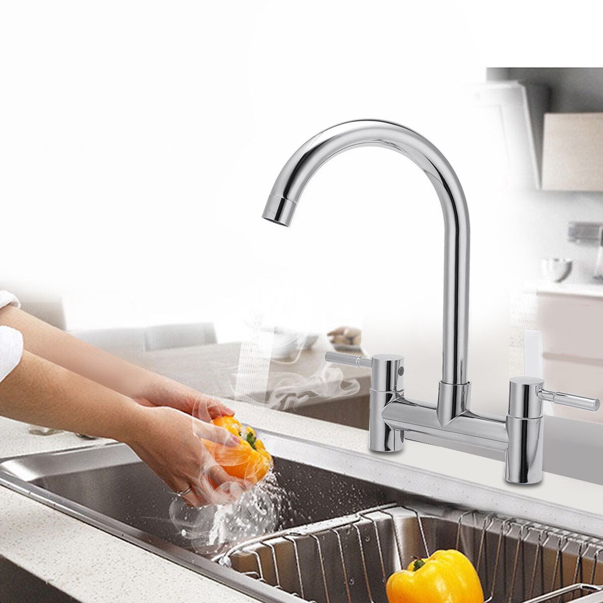 (Hot & Cold) 360° Modern Kitchen Sink Mixer Tap Faucet Tap Chrome Monobloc Basin Twin Lever Taps Swivel For Home Kitchen Bar Sink Bathtub