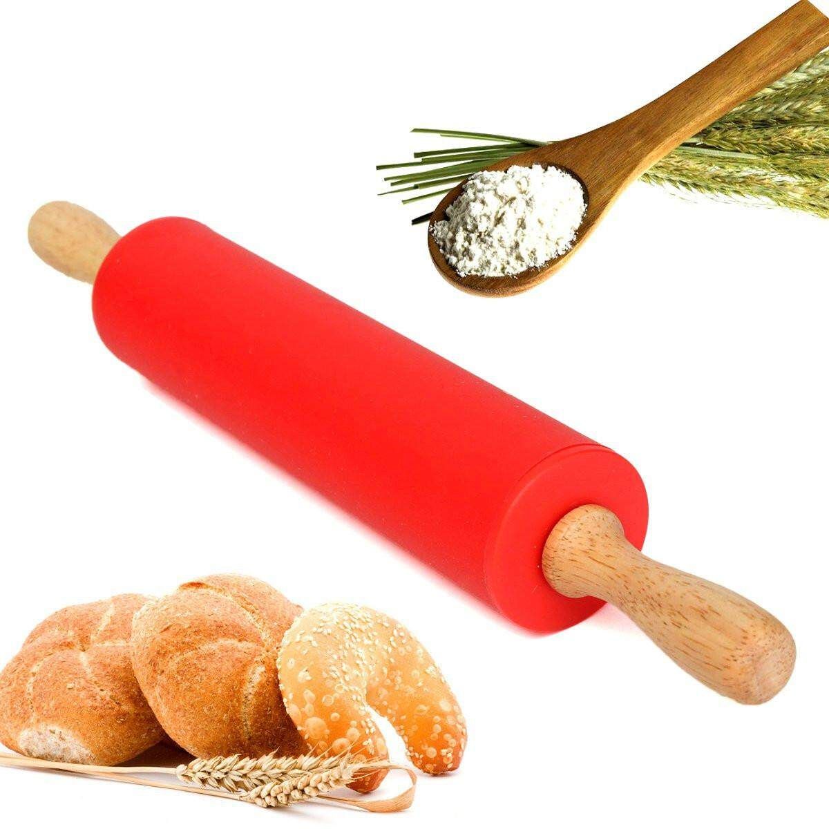 12" Wooden Flour Pastry Dough Handle Roller Kitchen Silicone Rolling Pin Stick