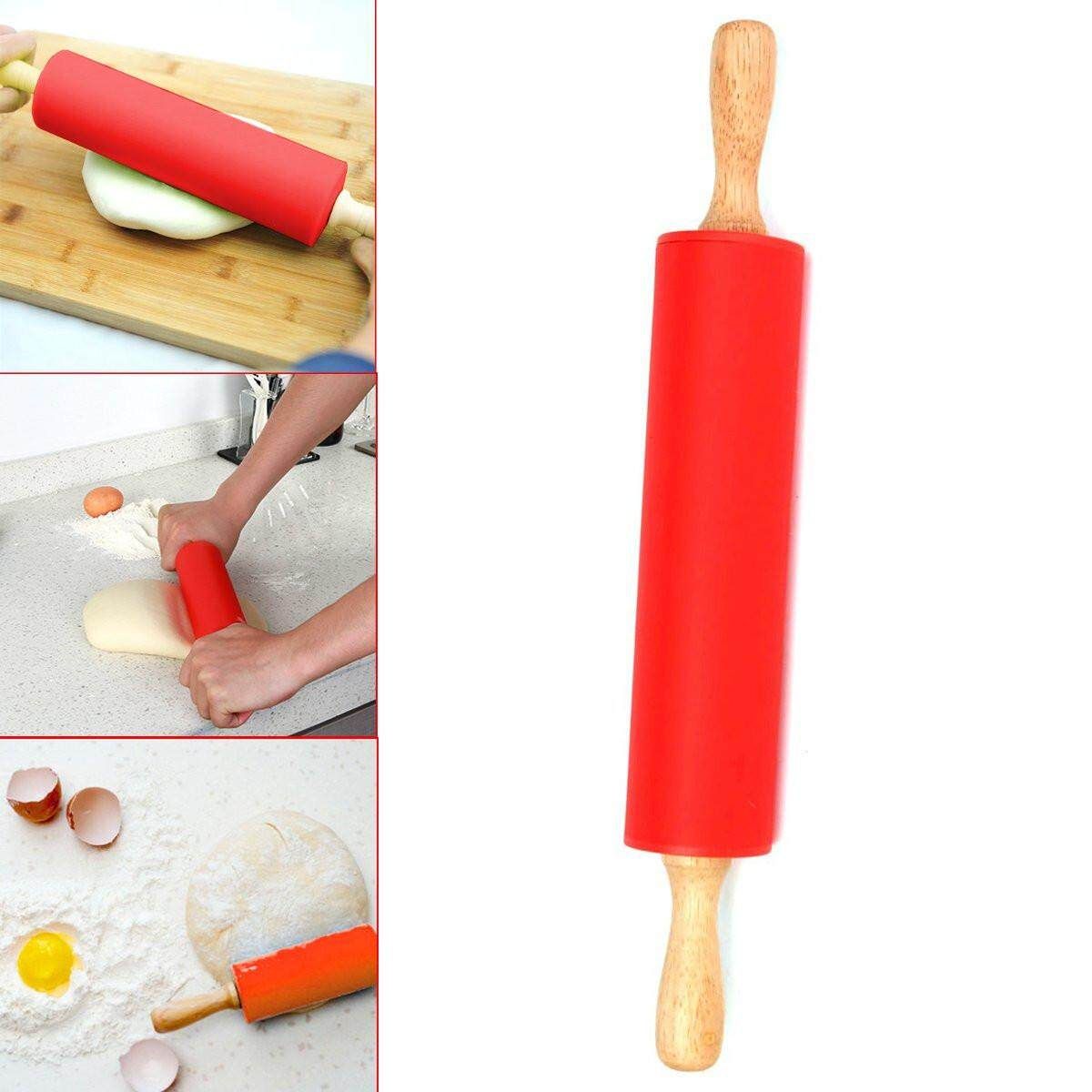 12" Wooden Flour Pastry Dough Handle Roller Kitchen Silicone Rolling Pin Stick