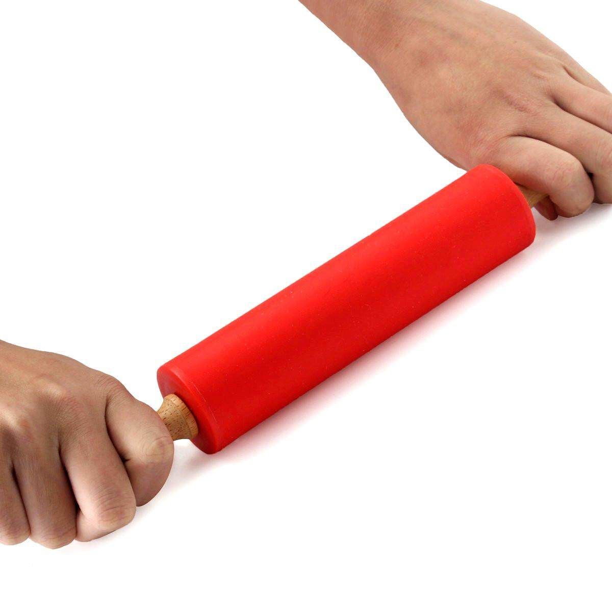 12" Wooden Flour Pastry Dough Handle Roller Kitchen Silicone Rolling Pin Stick
