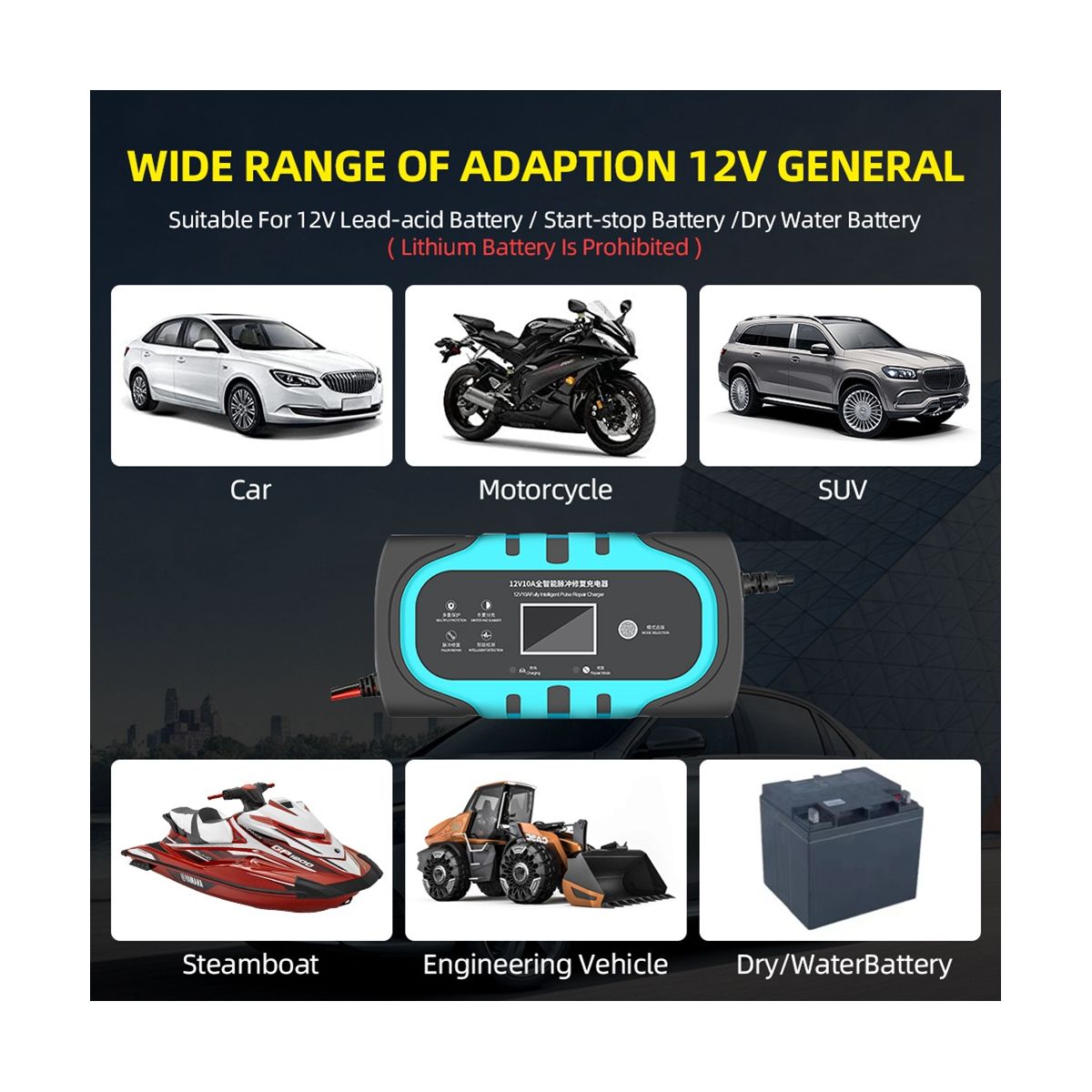 Car Battery Charger 10A 12V Auto Smart Battery Charger, US