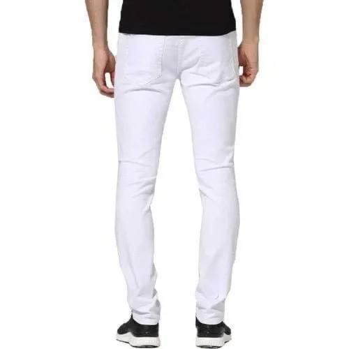 Plain Slim Fits White Knee Ripped Men's Stretchy Jeans