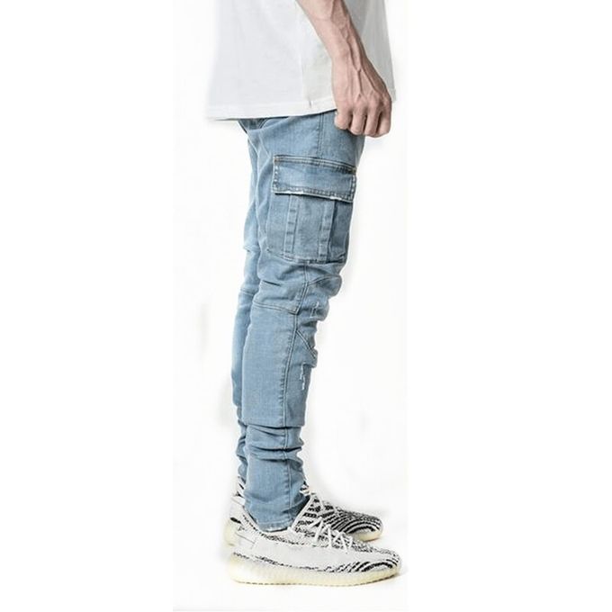 Multi Pocket Cargo Jeans Men New Denim Pencil Pants Jeans -Black