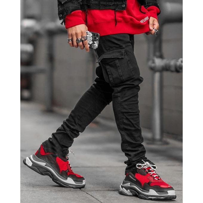 Multi Pocket Cargo Jeans Men New Denim Pencil Pants Jeans -Black