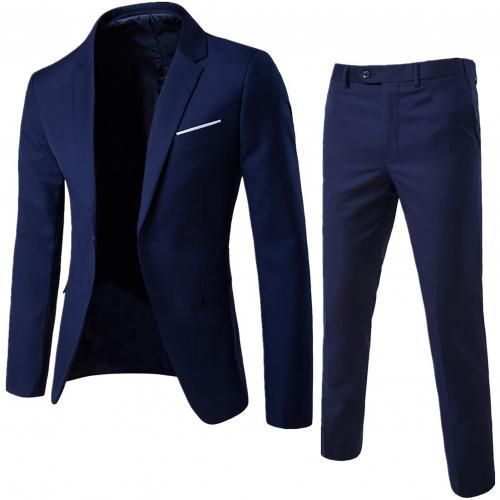 Men Long Sleeve Lapel Slim Button Business Suit Men's Wedding Office Meeting Sets Men's Clothing Navy Blue