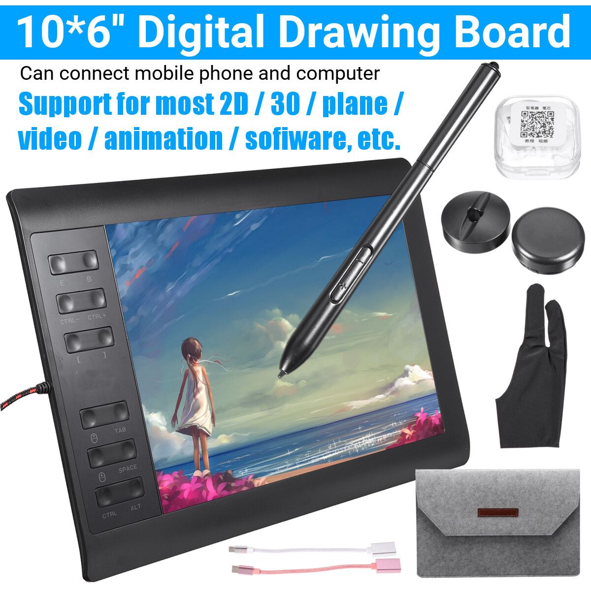 10x6''Electronic Drawing Board Digital Drawing Graphic Tablet Quick Reading Pad W/ Pen Sensing