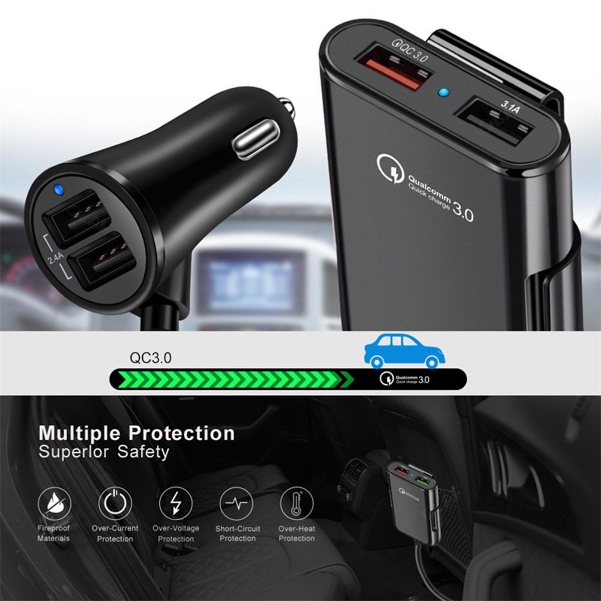 Car Charging Adapter Powerdrive Pro 8a Fast Charge Car for Front Black