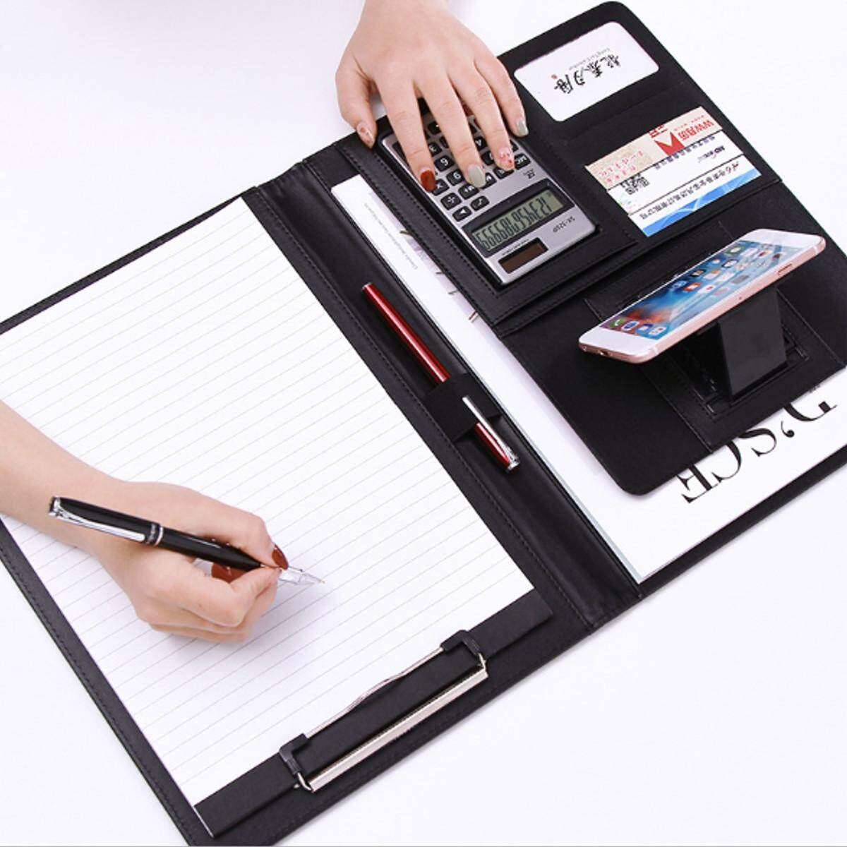 Multi-functional Leather A4 Document Bags Holder Briefcase Folder Calculator Bags School Office Manager Sales File Cacao