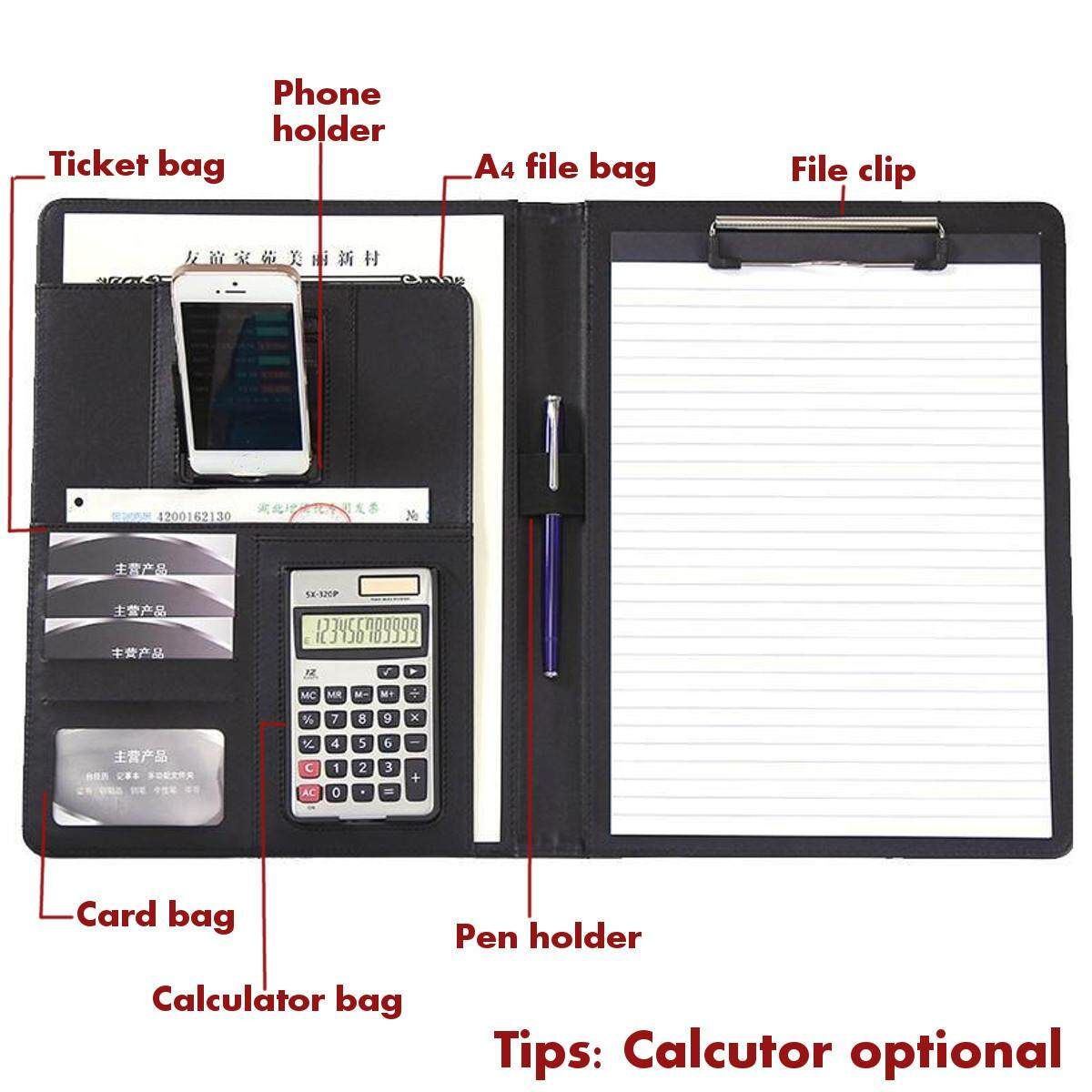Multi-functional Leather A4 Document Bags Holder Briefcase Folder Calculator Bags School Office Manager Sales File Cacao